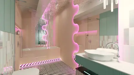 Wnętrze nowoczesnej łazienki z eklektycznymi akcentami, dopamine decor, z zielonymi i różowymi detalami.