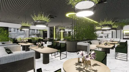 Wnętrze restauracji z białymi meblami, zielonymi roślinami i nowoczesnym wystrojem.