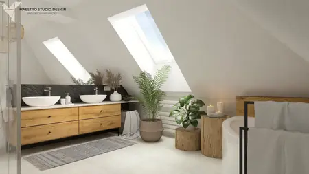 Nowoczesna łazienka w stylu boho z drewnianymi akcentami i roślinami.