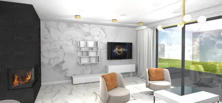 Wnętrze nowoczesnego salonu z elementami art deco, glamour i japandi. Biała sofa, czarna ściana.