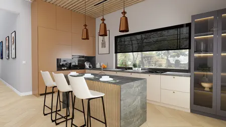 Kuchnia z brązowymi lampami, szarym blatem i drewnianą podłogą, nowoczesny design.