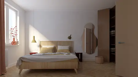 Sypialnia w stylu dopamine decor z drewnianym łóżkiem, żółtymi akcentami i eklektycznymi detalami.