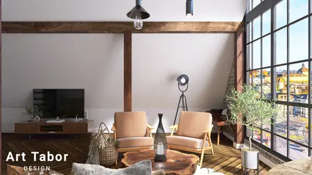 Wnętrze salonu w stylu industrialnym i nowoczesnym z drewnianymi meblami i dużymi oknami.
