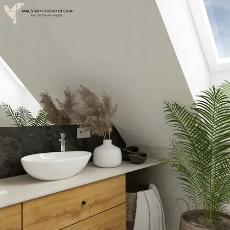 Nowoczesna łazienka boho z białą umywalką i roślinami