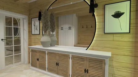 Przedpokój w stylu boho, prowansalskim i rustykalnym z drewnianymi akcentami.