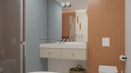Wnętrze nowoczesnej łazienki z niebieskimi i pomarańczowymi akcentami, styl dopamine decor, eklektyczny.