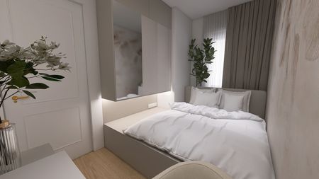 Sypialnia w minimalistycznym stylu z białym łóżkiem i nowoczesnym oświetleniem.