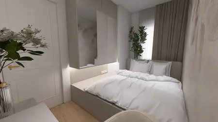 Sypialnia w minimalistycznym stylu z białym łóżkiem i nowoczesnym oświetleniem.