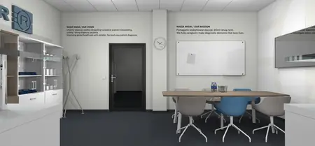 Wnętrze gabinetu z białym biurkiem i szarymi krzesłami w stylu minimalistycznym