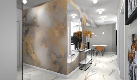 Nowoczesne wnętrze z art deco i glamour, dekoracyjna ściana, jadalnia z roślinami.