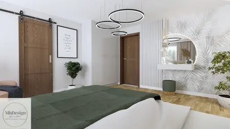 Wnętrze sypialni minimalistycznej z zielonymi akcentami i drewnianymi detalami.