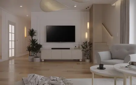 Wnętrze salonu z szarym wypoczynkiem i roślinami, styl quiet luxury.