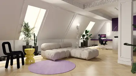 Wnętrze poddasza z eklektycznym designem, meble w kolorze szarym, żółty stół i rośliny.