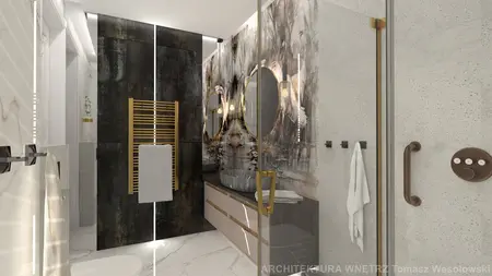 Stylowa łazienka glamour z dużymi lustrami i nowoczesnym wykończeniem.