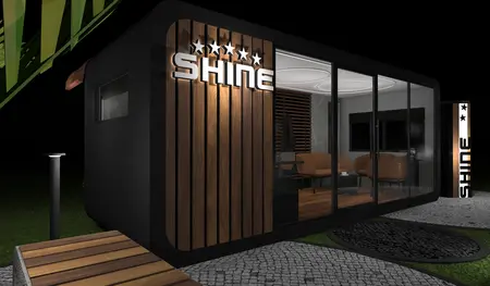 Konstrukcja z drewnianymi detalami w stylu dopamine decor, industrialnym i japandi.