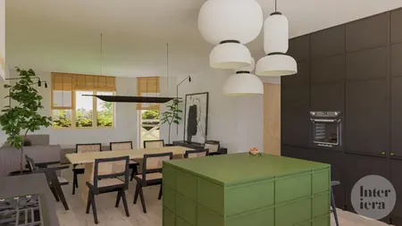 Wnętrze kuchni w stylu japandi i minimalistycznym z zieloną wyspą i drewnianym blatem.