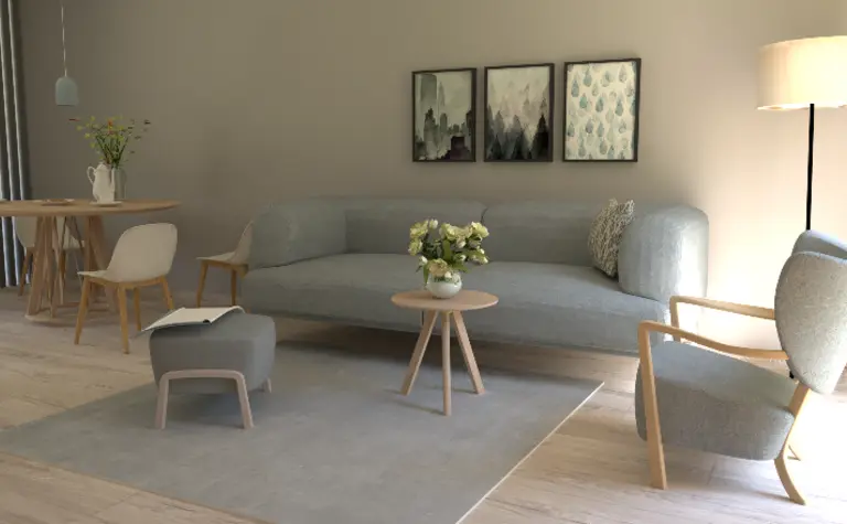 Wnętrze salonu w stylu boho i skandynawskim z szarym narożnikiem.