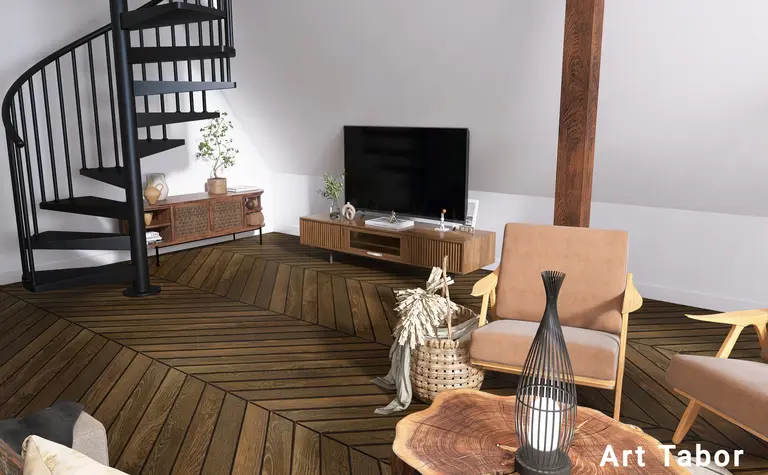 Wnętrze salonu z spiralnymi schodami, drewnianą podłogą, nowoczesnym oświetleniem i meblami.