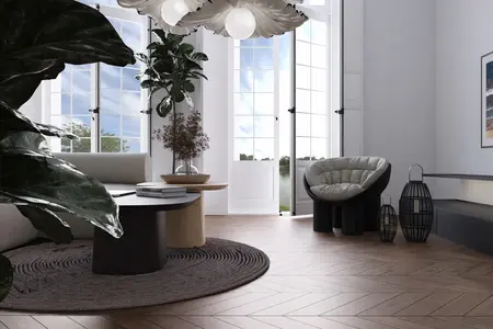 Salon z roślinami, minimalistyczny i prowansalski design, jasne kolory.