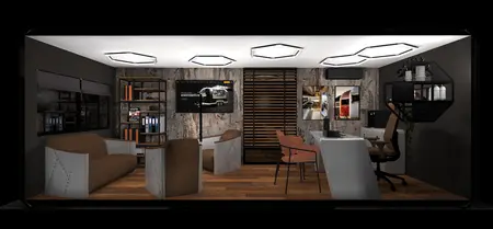 Wnętrze gabinetu w stylu dopamine decor, industrialnym, japandi, nowoczesnym, quiet luxury, współczesnym.