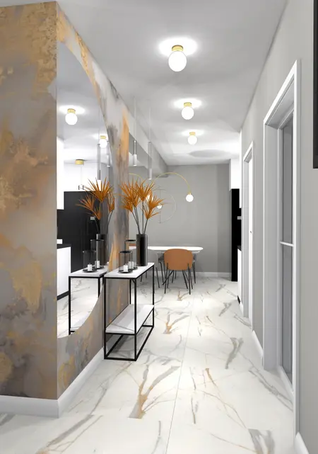 Wnętrze przedpokoju z marmurową podłogą, art deco i roślinami w donicach.