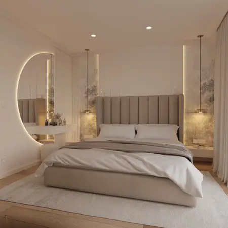 Sypialnia w stylu quiet luxury z beżowym łóżkiem i nowoczesnym oświetleniem.