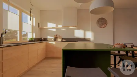 Kuchnia w stylu japandi i minimalistycznym z drewnem i zielonym blatem.