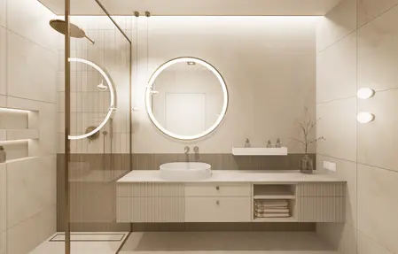 Nowoczesna łazienka z minimalistycznym designem, białymi meblami i okrągłym lustrem