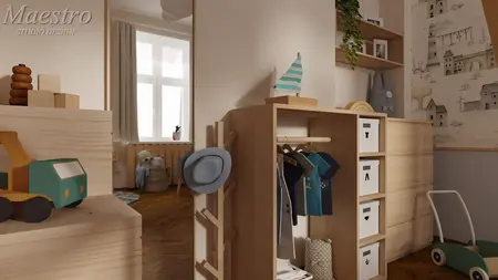Pokój dziecięcy w stylu eklektycznym z drewnianymi meblami i vintage dekoracjami.