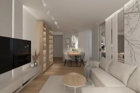 Salon w stylu skandynawskim z drewnianymi meblami i jasnymi akcentami.