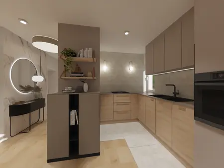 Kuchnia w stylu glamour i minimalistycznym z drewnianymi meblami i nowoczesnymi detalami.