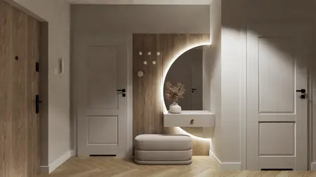 Wnętrze przedpokoju w stylu glamour, japandi i minimalistycznym z drewnianymi akcentami.