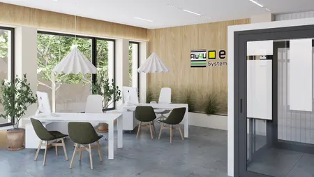 Wnętrze biura w stylu japandi i soft minimalizm z białymi meblami.
