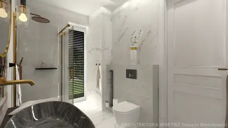 Glamour łazienka z marmurowymi płytkami, złotymi detalami i nowoczesnym wyposażeniem.