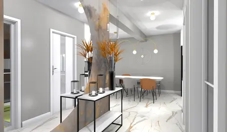 Wnętrze jadalni z elementami art deco, glamour i japandi, nowoczesne meble.