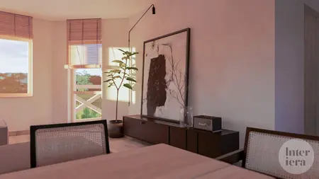 Wnętrze w stylu japandi i minimalistycznym z rośliną i drewnianym biurkiem.