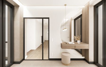 Nowoczesny przedpokój z minimalistycznym designem, drewnianą komodą i dużymi lustrami.