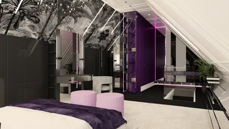 Wnętrze poddasza w stylu dopamine decor z fioletowymi akcentami i eklektycznym wystrojem.