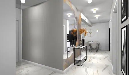 Wnętrze z art deco i japandi, nowoczesna przestrzeń z roślinami