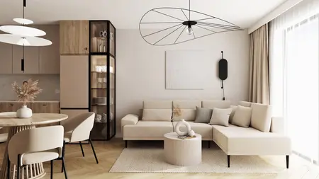 Wnętrze salonu w stylu glamour, japandi i minimalistycznym z beżową sofą i drewnianymi akcentami.