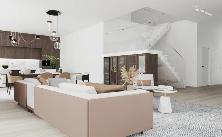 Nowoczesny salon z jasnymi meblami i drewnianą kuchnią, styl współczesny.