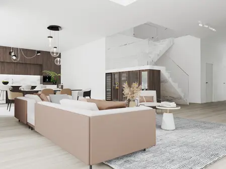 Nowoczesny salon z jasnymi meblami i drewnianą kuchnią, styl współczesny.