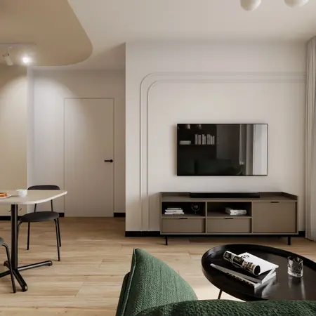Salon w stylu minimalistycznym i współczesnym z zieloną kanapą i telewizorem