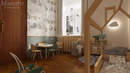 Pokój dziecięcy w stylu eklektycznym i vintage z drewnianymi meblami i kolorowymi dodatkami.