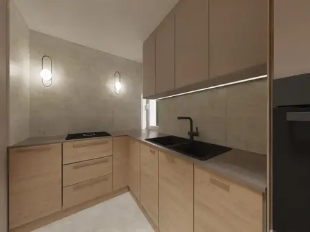 Kuchnia w stylu glamour i minimalistycznym z drewnianymi meblami i nowoczesnym oświetleniem.