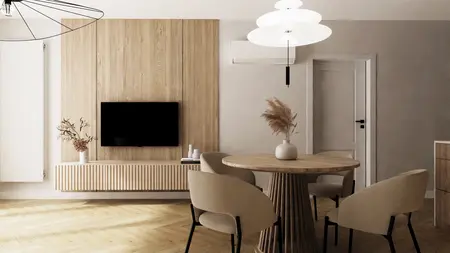 Wnętrze salonu w stylu glamour, japandi i minimalistycznym z drewnianymi elementami i nowoczesnym oświetleniem.