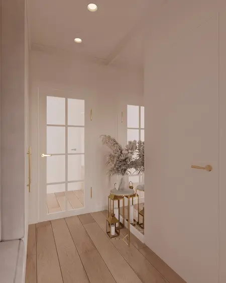 Przedpokój w stylu quiet luxury z białymi ścianami i drewnianą podłogą.