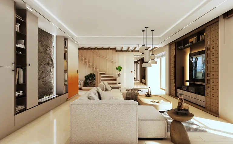 Nowoczesny salon w stylu japandi z jasnymi meblami i drewnianymi detalami.