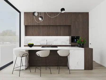 Nowoczesna kuchnia z drewnianymi meblami i białym blatem, współczesny design.
