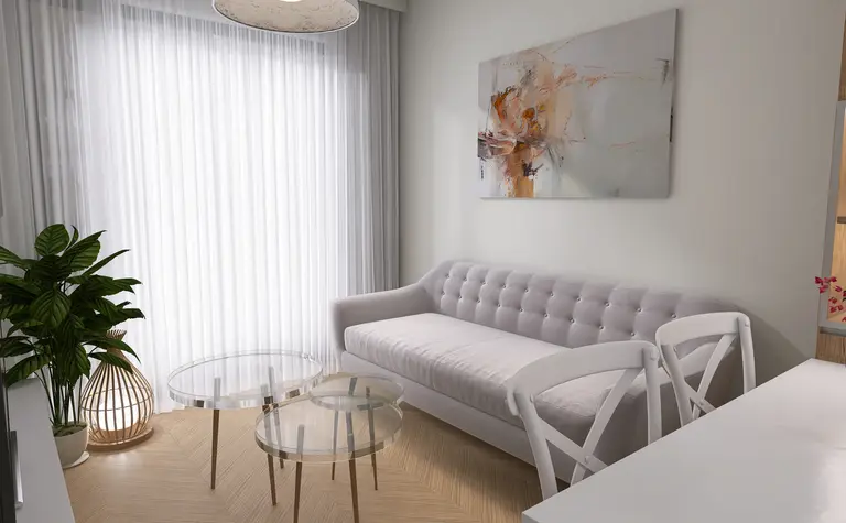 Wnętrze salonu z minimalistycznym designem, szarym wyposażeniem i nowoczesnym oświetleniem.